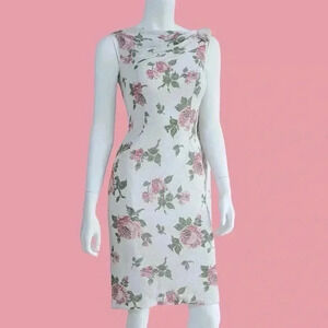 50s inspired Pink & White Floral Metallic Draped Short Dress Size Small‎ summer